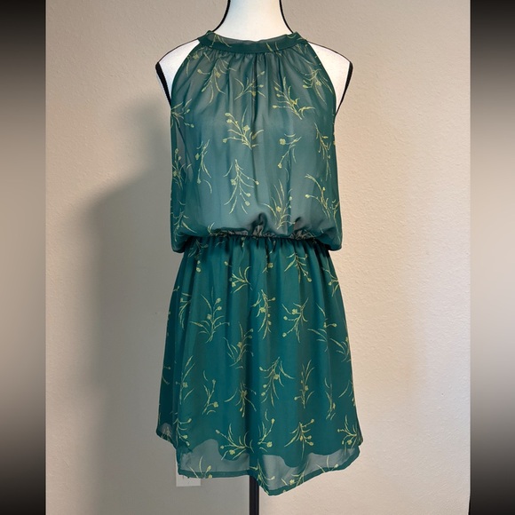 Hearts Green Floral Chiffon Halter Mini Dress – Size L - Picture 1 of 10